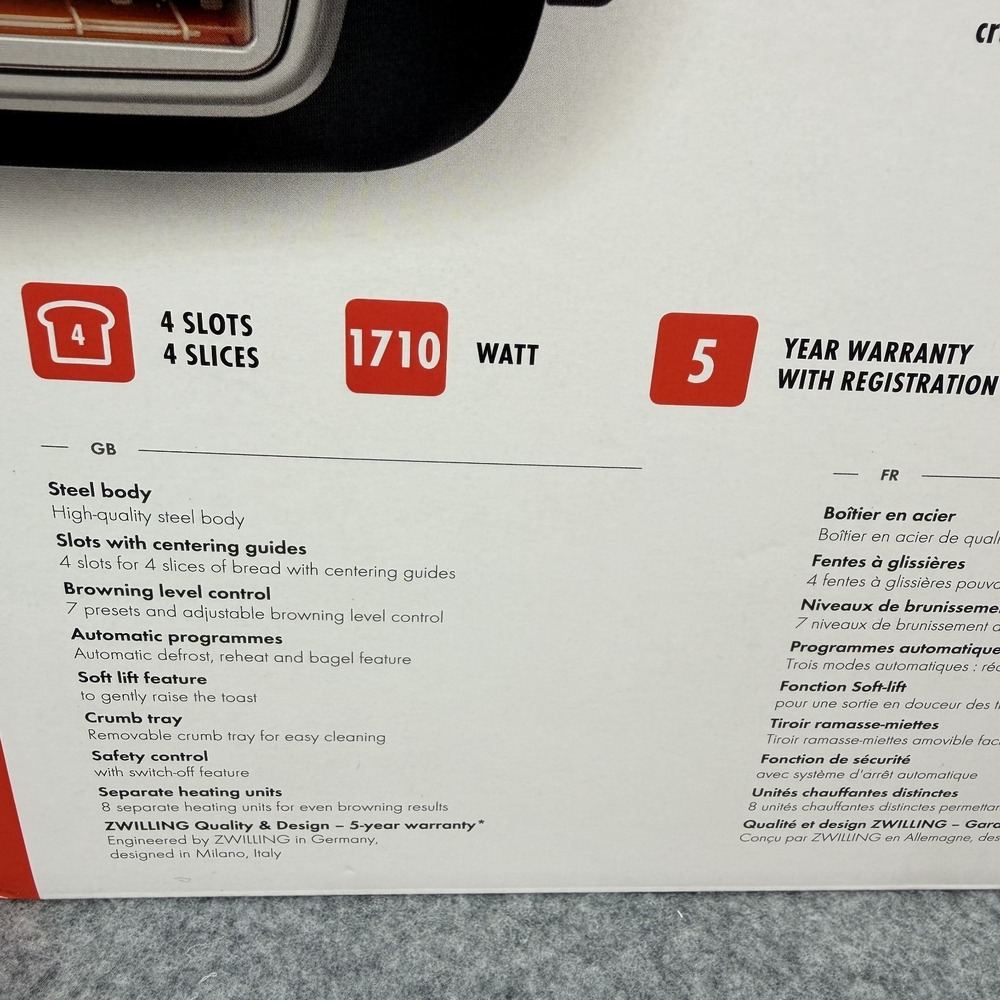 Zwilling Enfinigy 4-Slice Extra Wide Slot Toaster Black Matte 53102-301 NEW - Picture 7 of 9